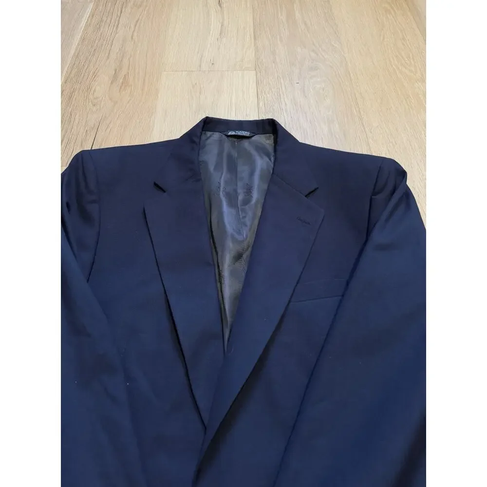Vintage 90s Burberry Suit Jacket 46L Made IN USA Navy Gold Button Pure Wool VTG